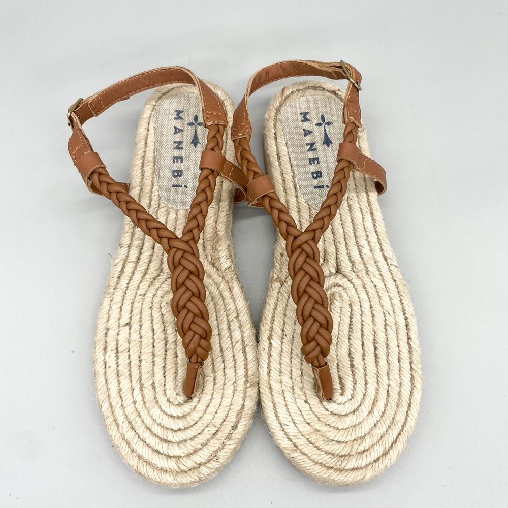 Manebi Womens 39 8.5 Braided Brown Leather Espadrille Sandals Flat T Strap Boho